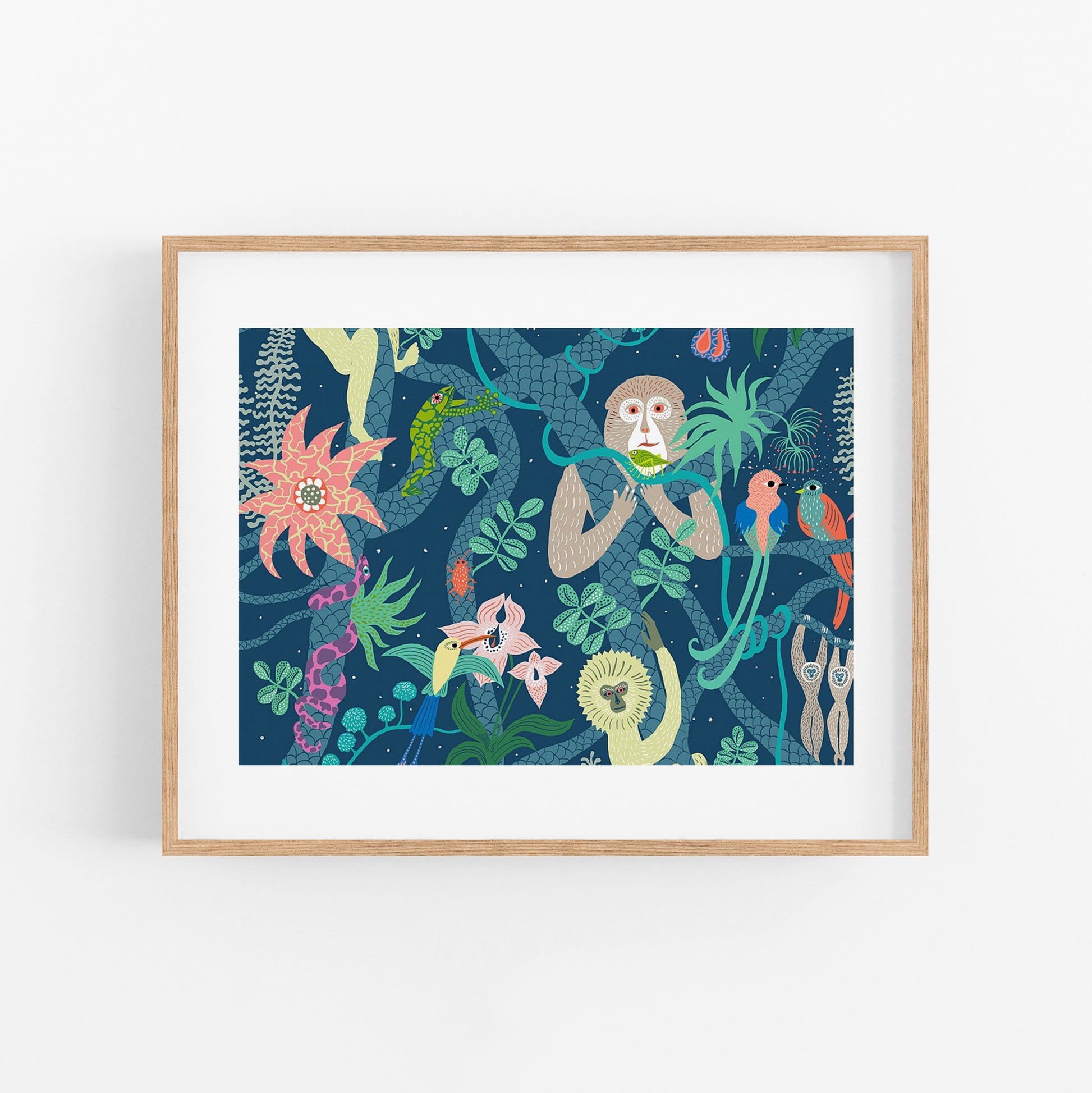 Framed blue poster jungle monkey